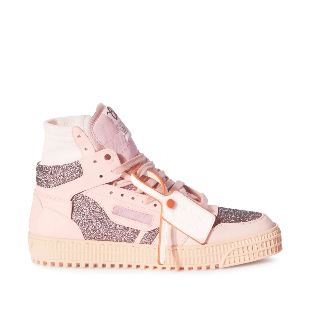 Off-White Pink High-Top Sneakers with Glitter Accents